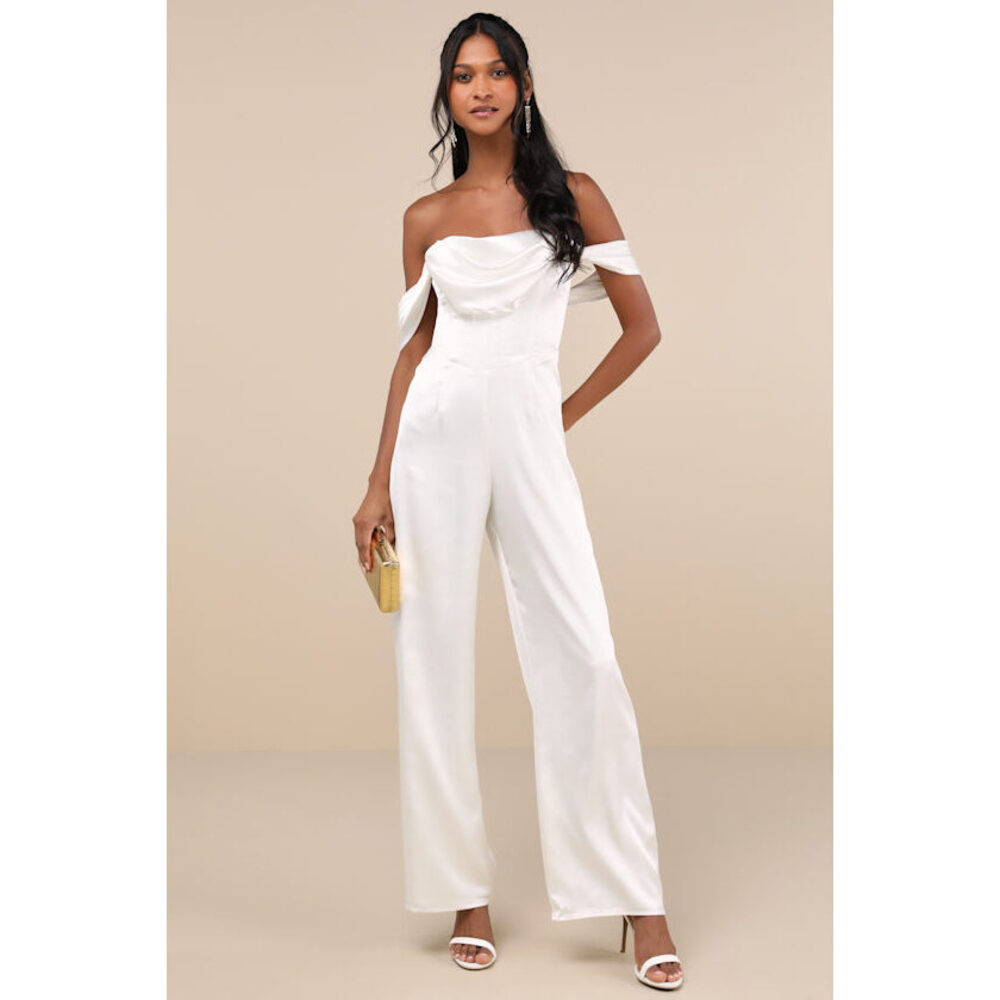 Lulus Unbelievable Aura White Satin Off-the-shoulder Jumpsuit - Size M